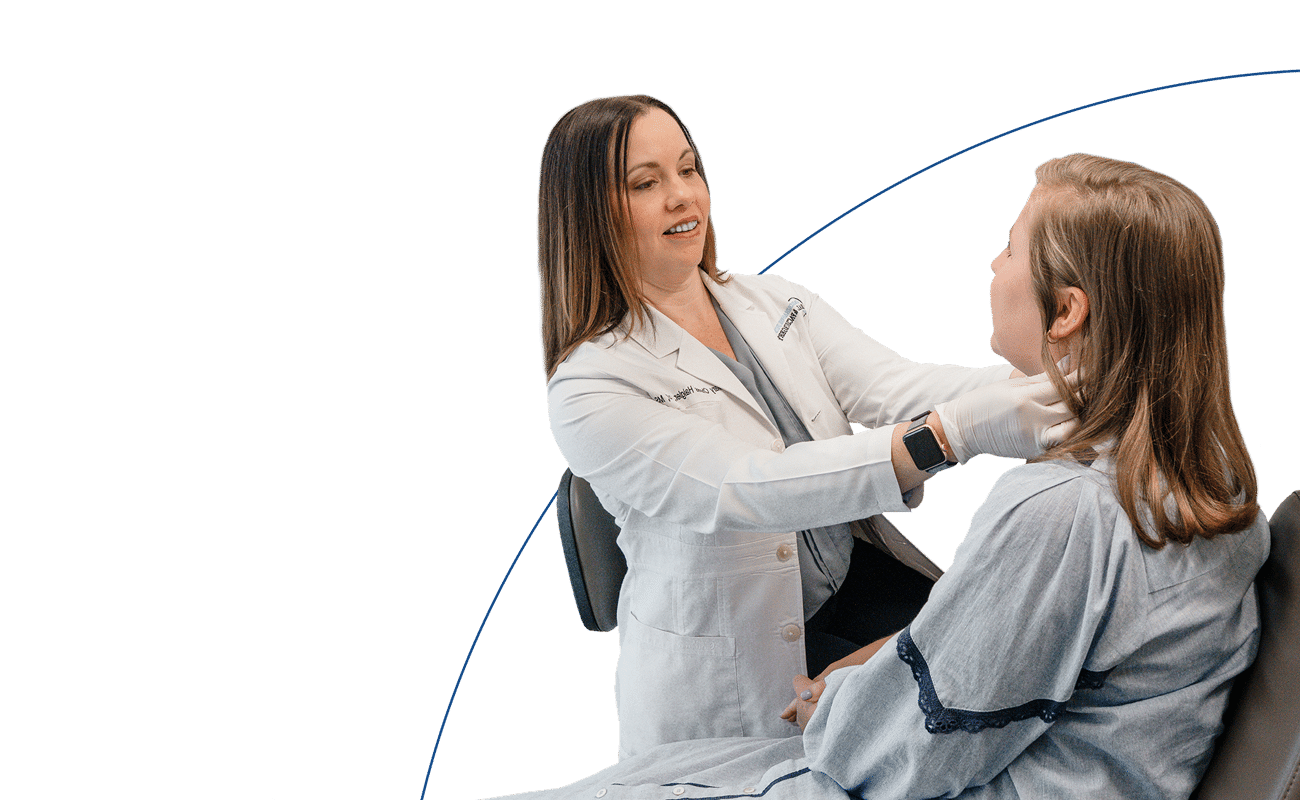 A person in a white coat examines another person's throat against a blue background, suggesting a medical setting.