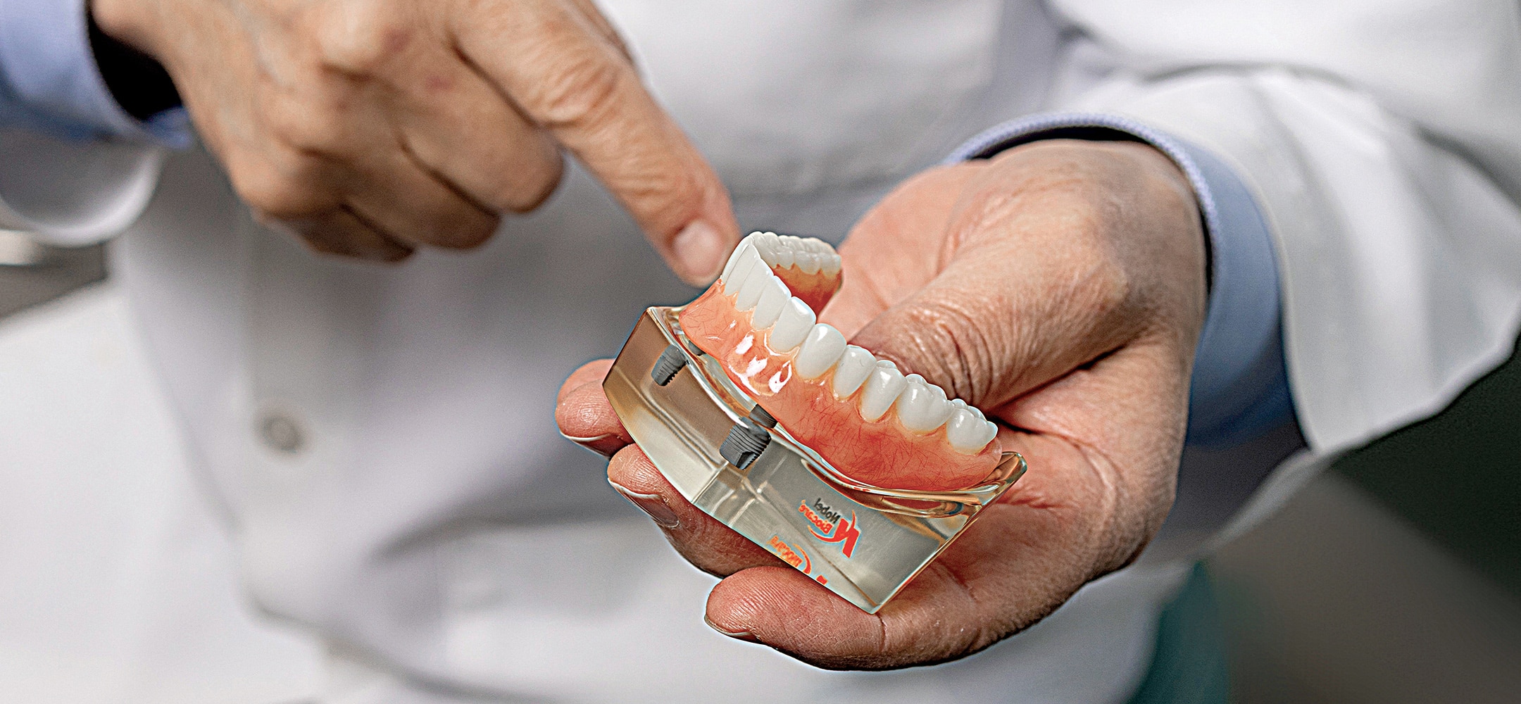 A person in a white coat holds a dental model with implants, demonstrating dental anatomy and procedure.
