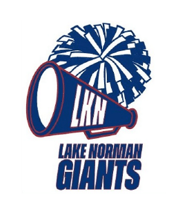 Logo with a megaphone labeled "LKN" and a pom-pom, featuring the text "Lake Norman Giants." Blue and red color scheme.