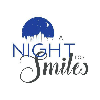 Logo with text "A Night for Smiles," featuring a crescent moon and city skyline silhouette in blue and gray tones.