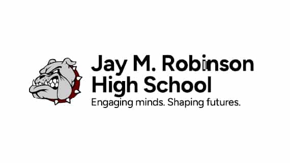 Bulldog mascot beside "Jay M. Robinson High School" text with slogan "Engaging minds. Shaping futures." on a white background, emphasizing education and motivation.