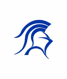 Abstract blue logo depicting a stylized helmet. The design resembles a Spartan or Greek warrior helmet, emphasizing bold lines and curves.