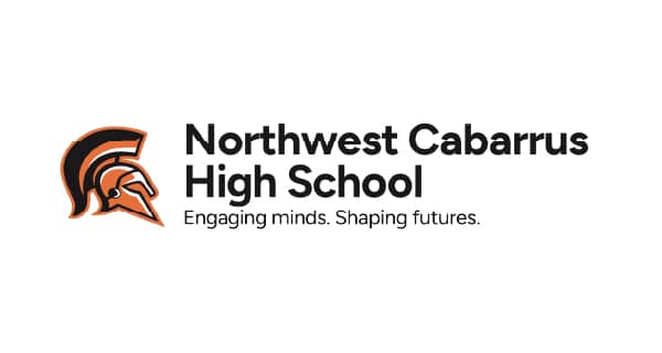 A logo of Northwest Cabarrus High School with a Spartan helmet and the motto "Engaging minds. Shaping futures." in bold, modern typography.