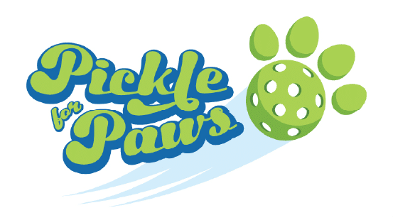 Logo featuring "Pickle for Paws" text with green pickleball and paw design on white background, suggesting a playful or charitable theme involving animals.