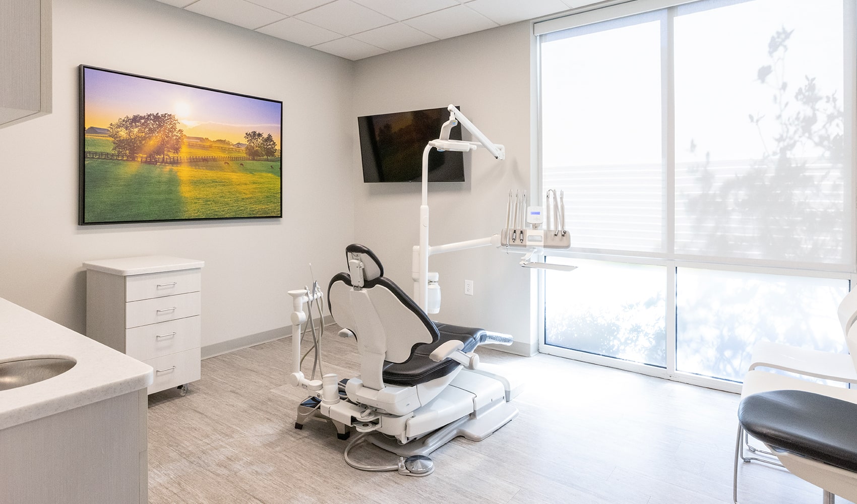 A modern dental office with a treatment chair, scenic landscape photograph, and a wall-mounted TV near large windows with natural light.