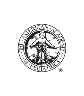 The logo features a circular emblem with a classic-style figure and text: "The American Academy of Pediatrics," surrounded by a dotted border design.